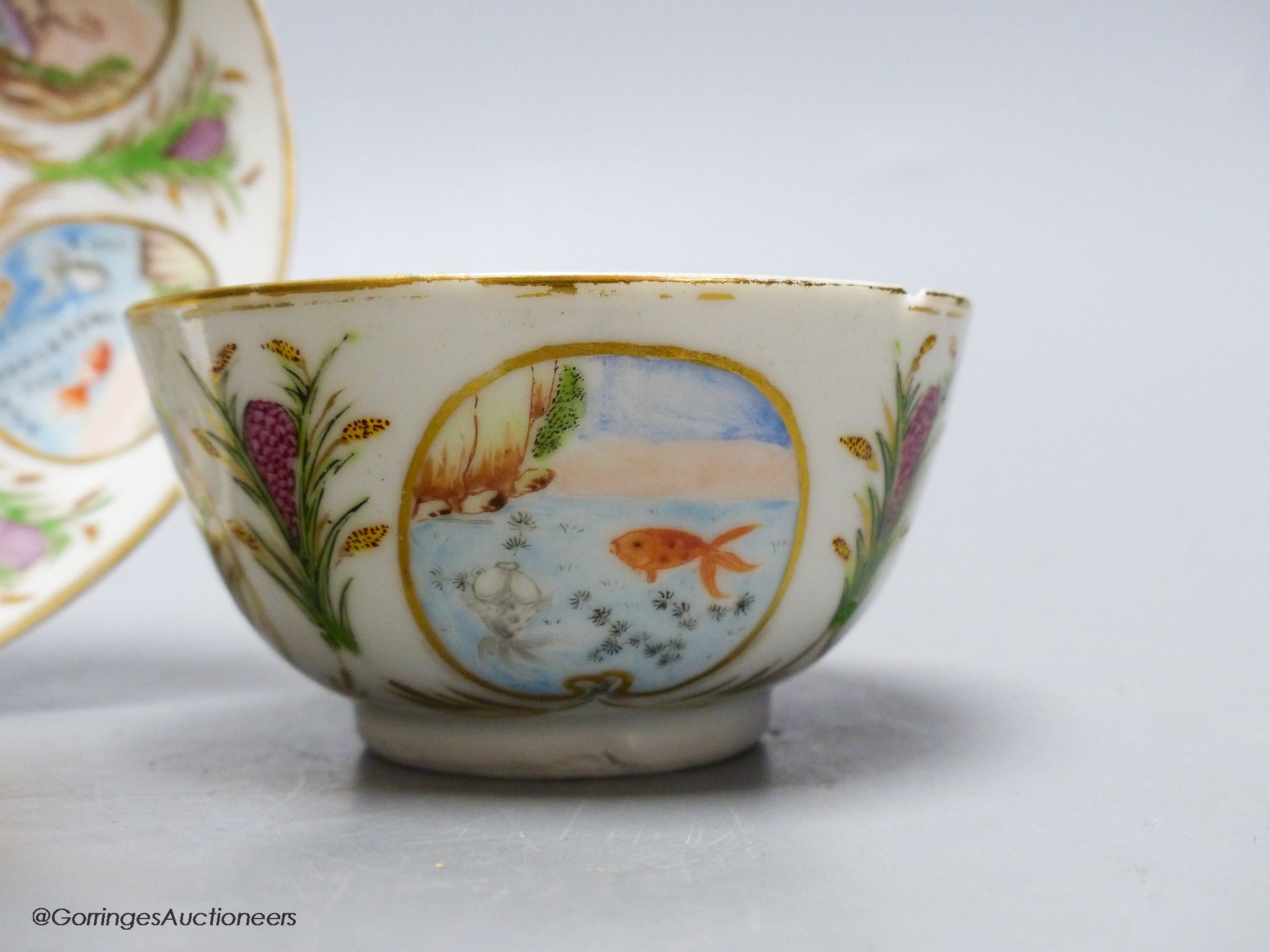 An unusual Chinese famille rose tea bowl and saucer, 18th century, saucer diameter 14cm
